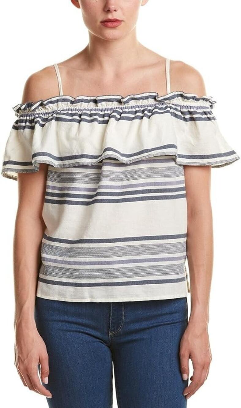 Splendid Womens Small Off-the-Shoulder Ruffle Overlay Blue/Off-White Striped Top